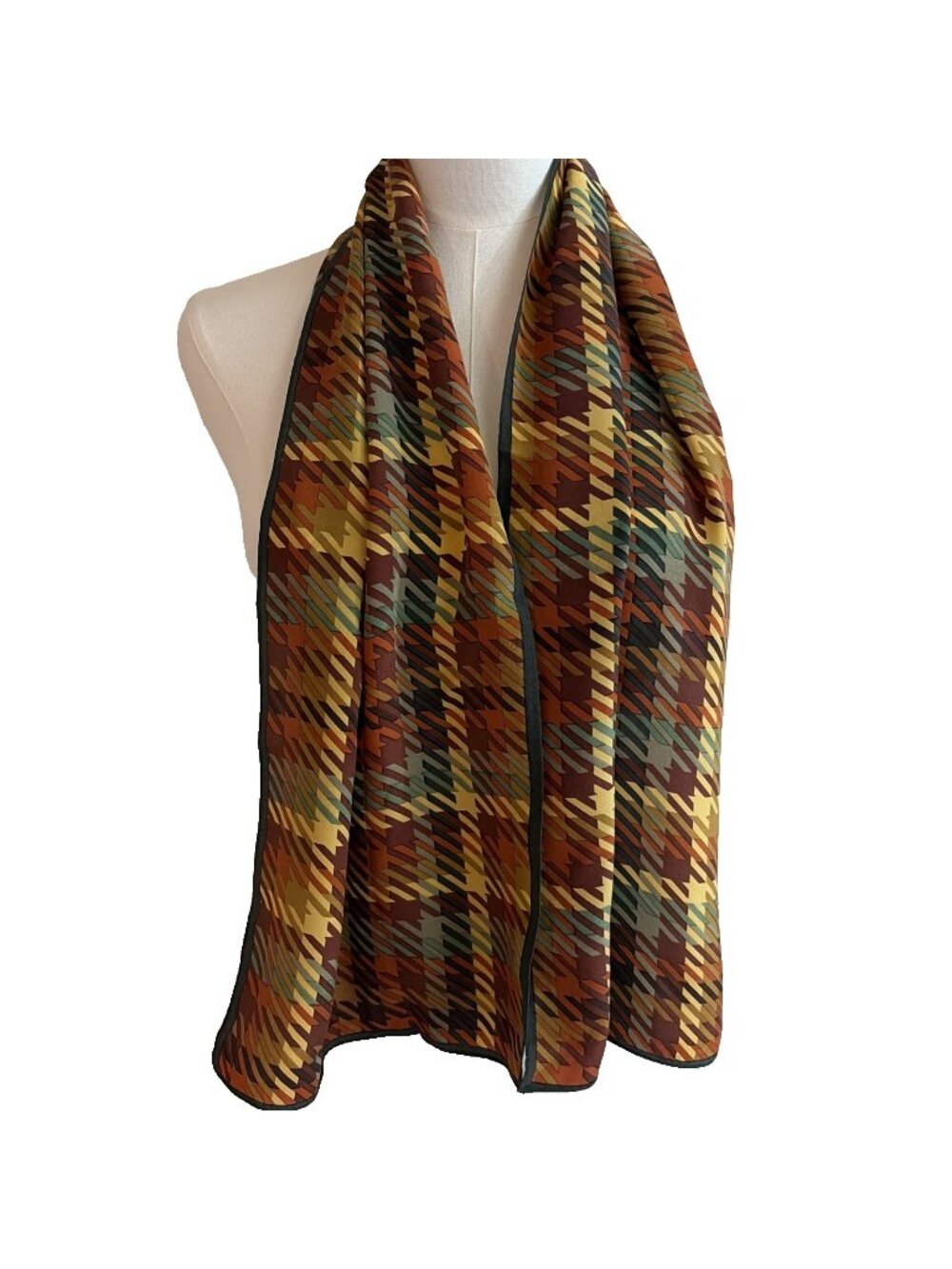 VTG Autumnal Silk Scarf Hand Rolled Edges Warm Fall Tones Old Money Luxe 11X49"